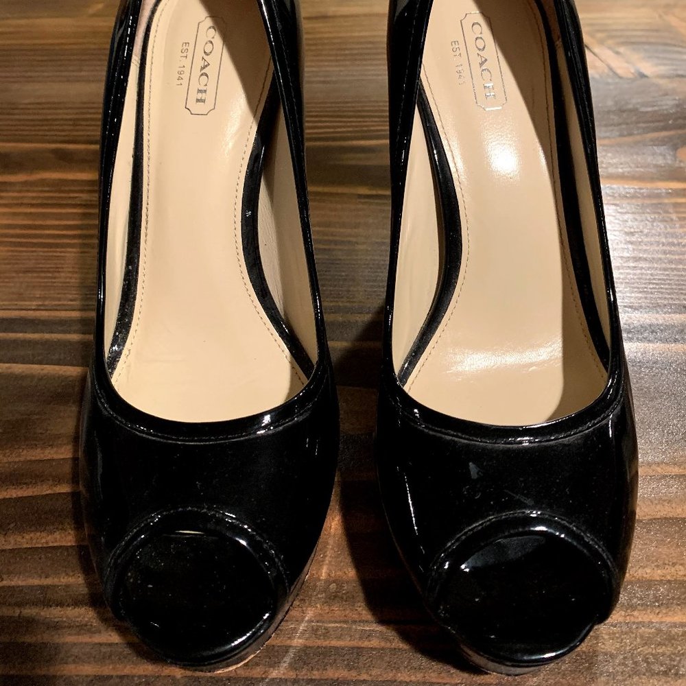 Coach Patent Leather Peep Toe Heels, Black, Size 8.5